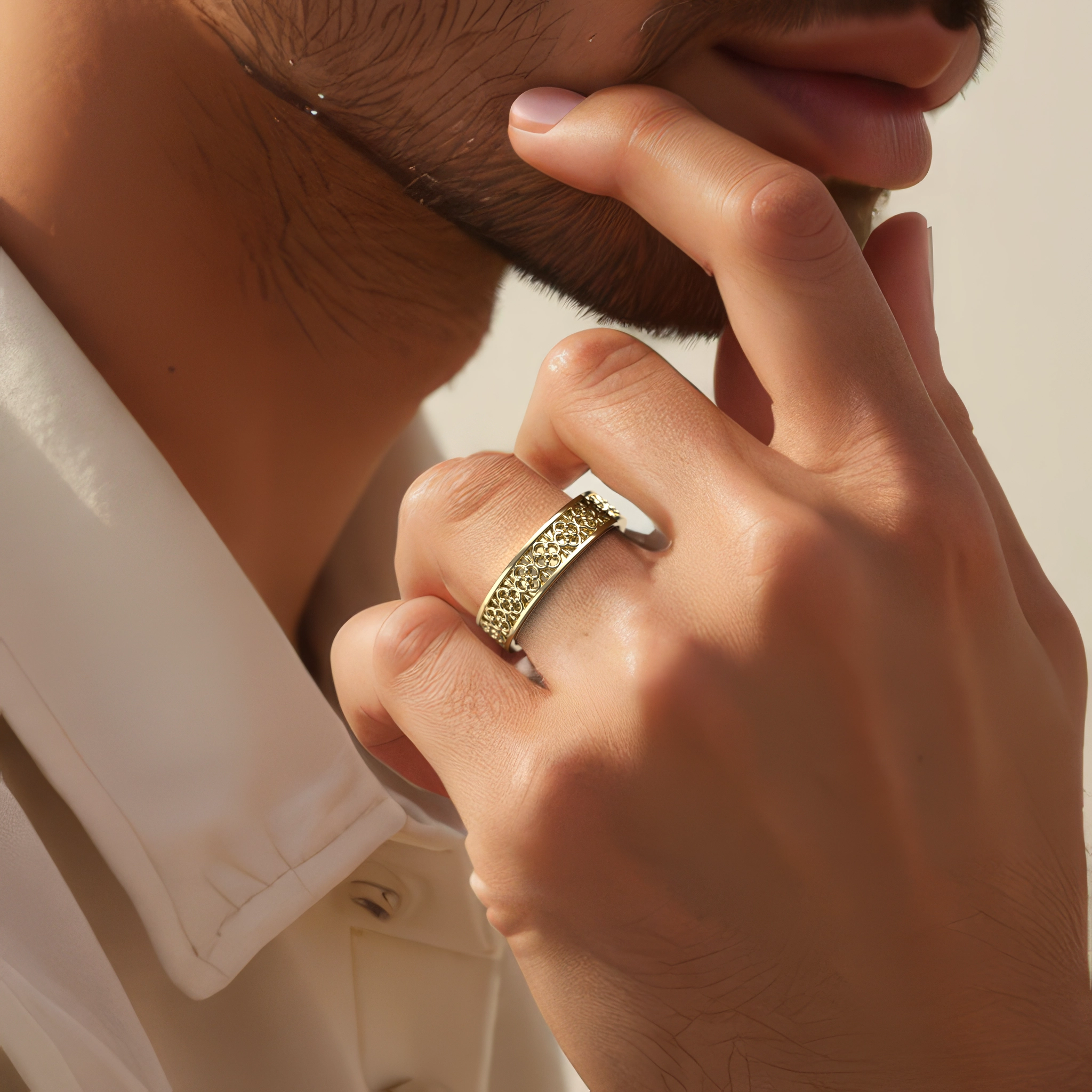 Men’s Eternal Bond 14k Gold Flower Wedding Ring - Image 5