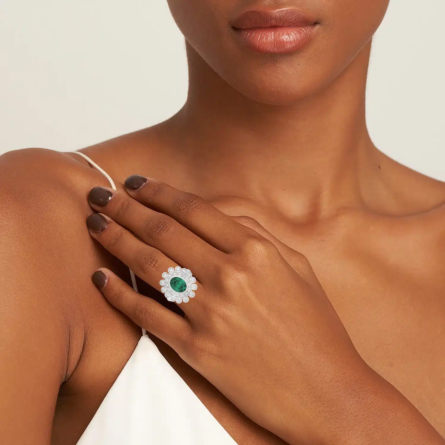 Your Majesty Green Gemstone & Round Diamond 14k Gold Flower Engagement Ring - Image 4