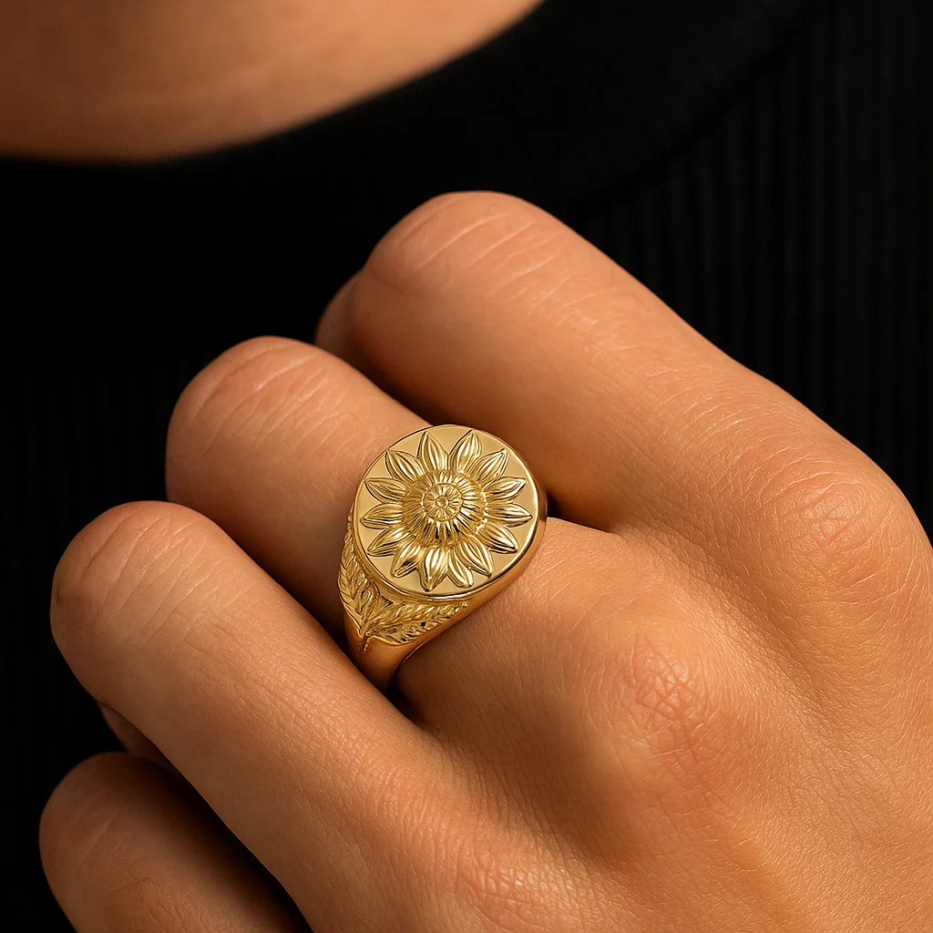 Sunflower Signet Ring – Solid 14K Gold - Image 6