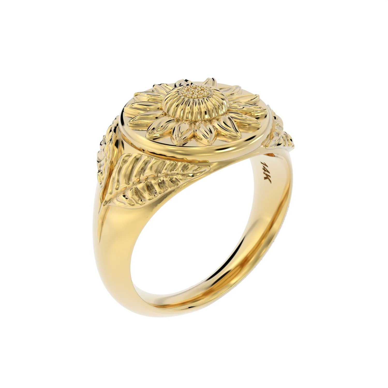 Sunflower Signet Ring – Solid 14K Gold - Image 3