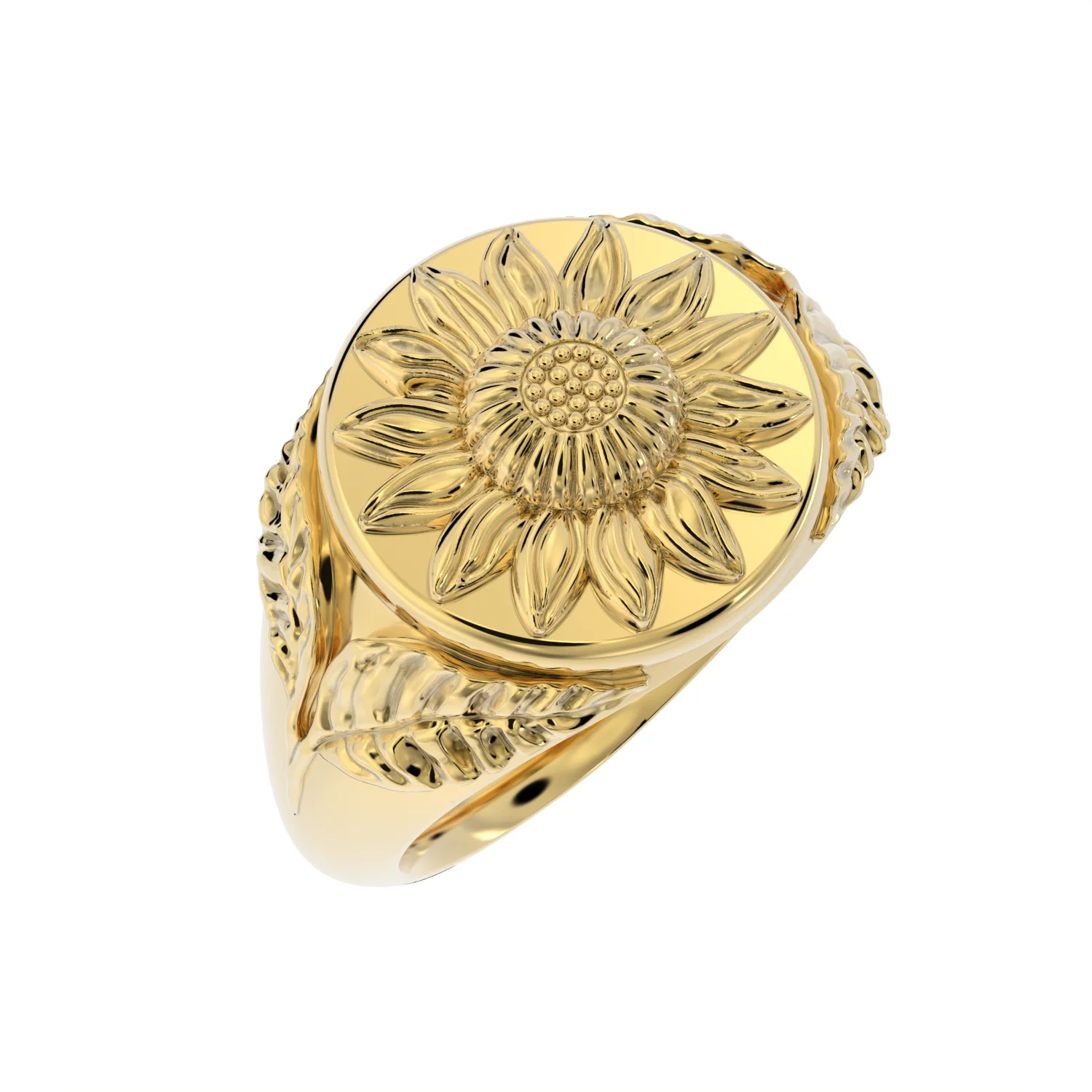 Sunflower Signet Ring – Solid 14K Gold - Image 1