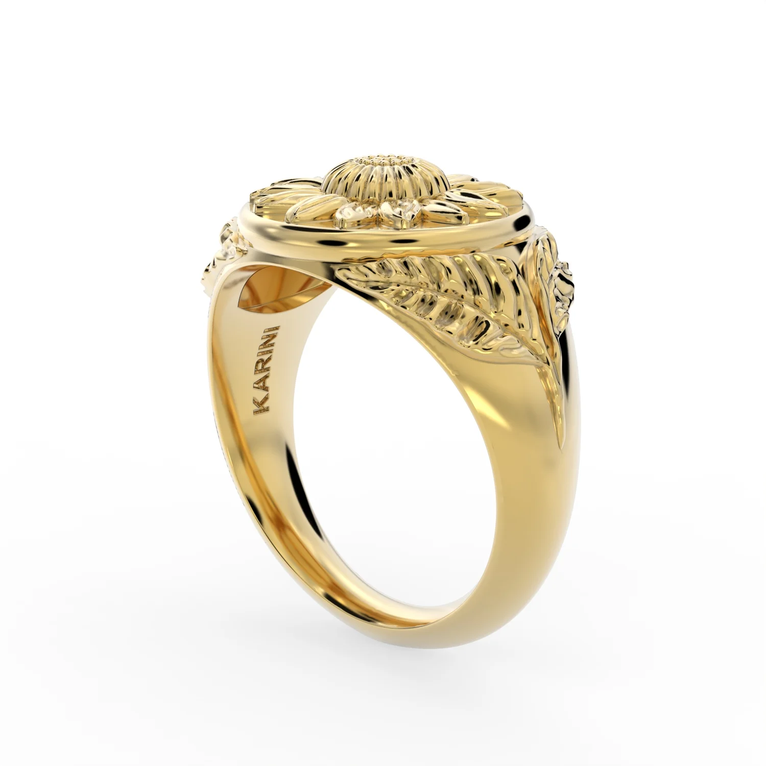 Sunflower Signet Ring – Solid 14K Gold - Image 4