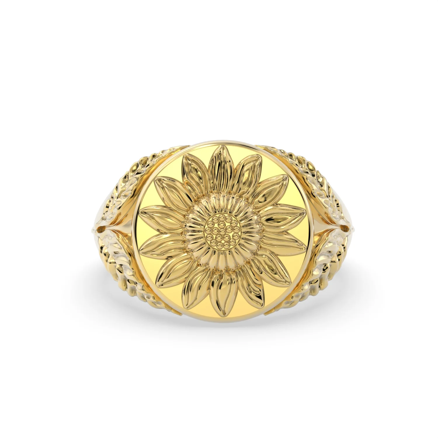 Sunflower Signet Ring – Solid 14K Gold - Image 5